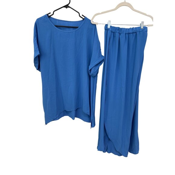 Lagenlook Sky Blue 2-Piece Pant Tunic Set Size 3XL Flowy Wide Leg Short Sleeve - Picture 1 of 5